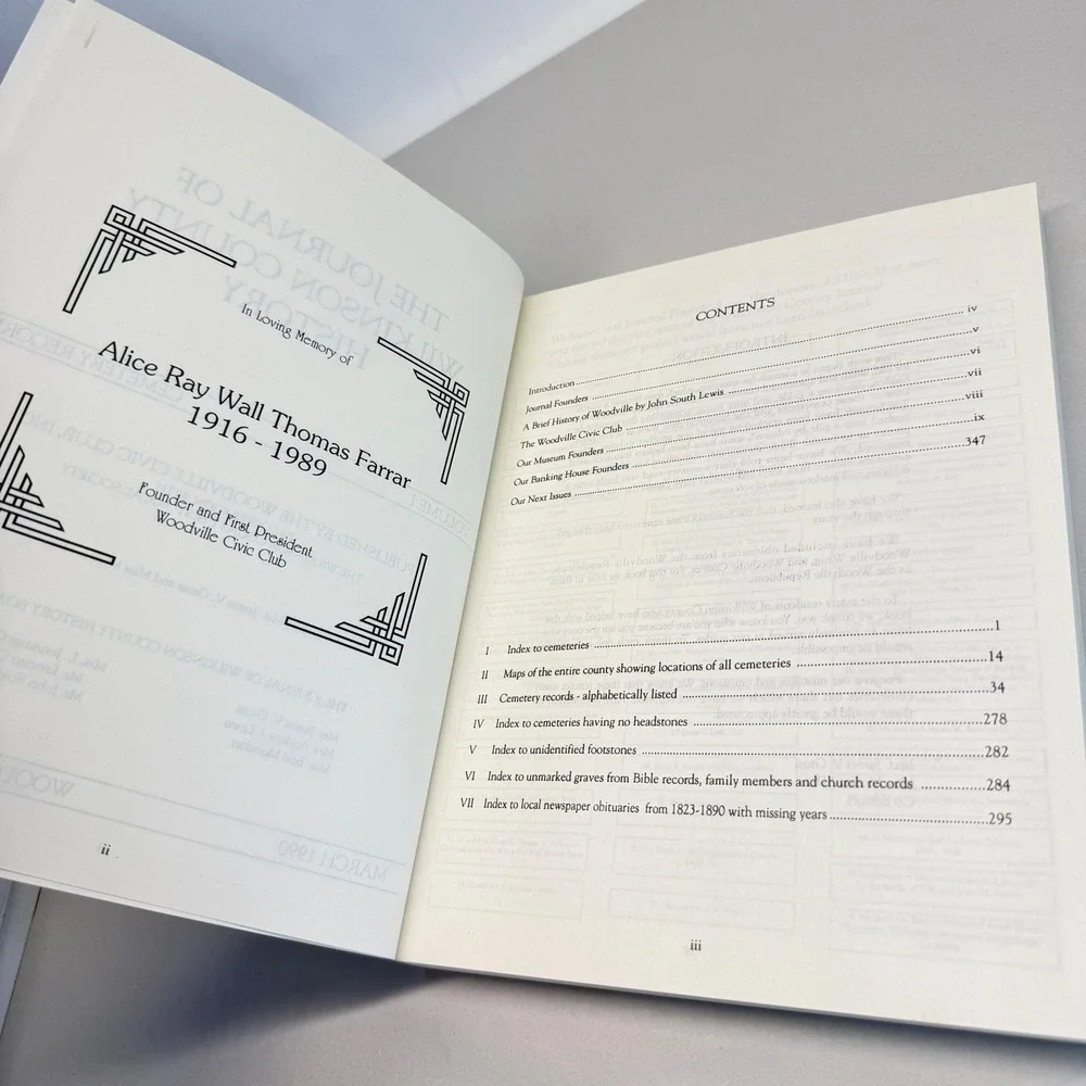 Journal of Wilkinson County History Vol I Cemetery Records 1990 Woodville MS